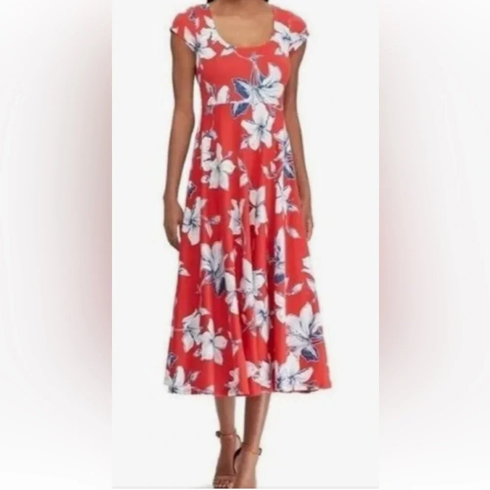 CHAPS🌺Floral TROPICAL Maxi DRESS Long Red Maxi Flare Hibiscis Flowers size Small - Picture 2 of 11